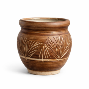 Handcrafted Brown Ceramic Planter with Carved Leaf Design