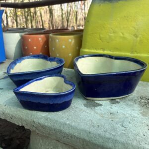 Blue Glazed Set of 3 Heart-Shaped Pots for Indoor Decor