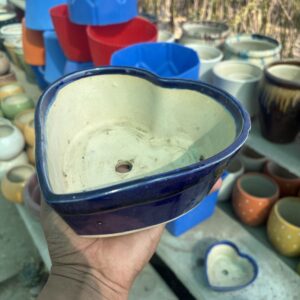 Blue Glazed Heart Shaped Ceramic Planter Pot with Drainage Hole